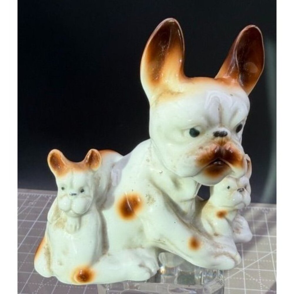 Vintage Japan Porcelain French Bulldog with Puppies Figurine
